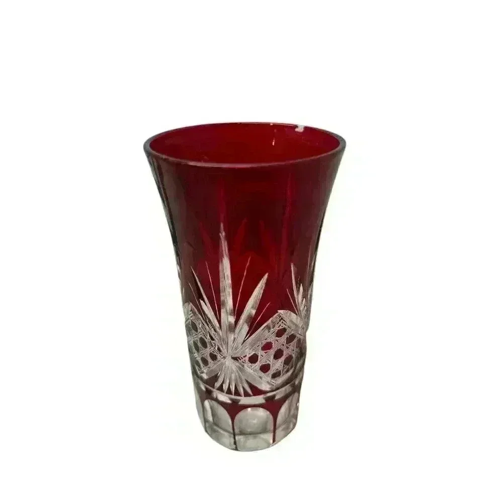 2 Vintage Ruby Red Cut Clear Bohemian Glass 4